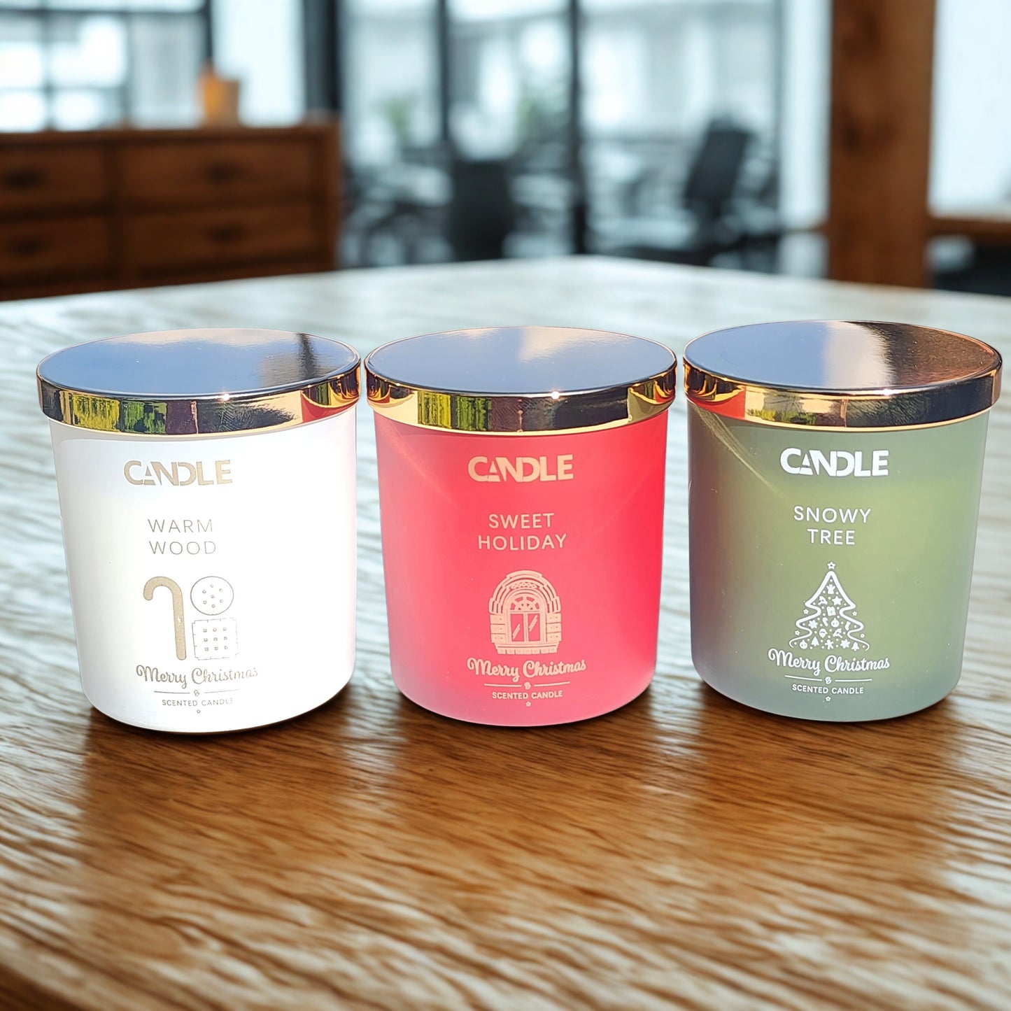 Set of 3 Christmas Scented Candles (Warm Wood, Sweet Holiday & SnowyTree)