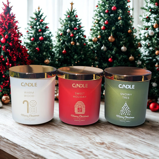 Set of 3 Christmas Scented Candles (Warm Wood, Sweet Holiday & SnowyTree)